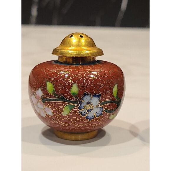 Cloisonné Open Salt Bowl Cellar Pepper Shaker Flower Red Enamel Brass Stacking - Picture 5 of 8
